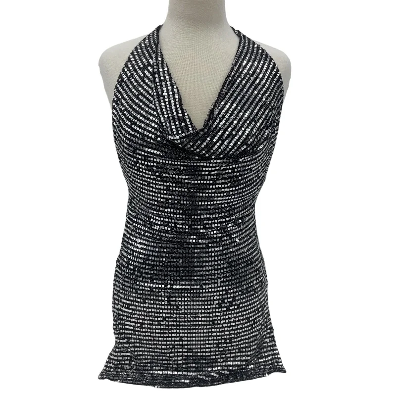 Monaco Silver Metallic Sequin Vintage USA Ruched Bodycon Dress, Women's Size S