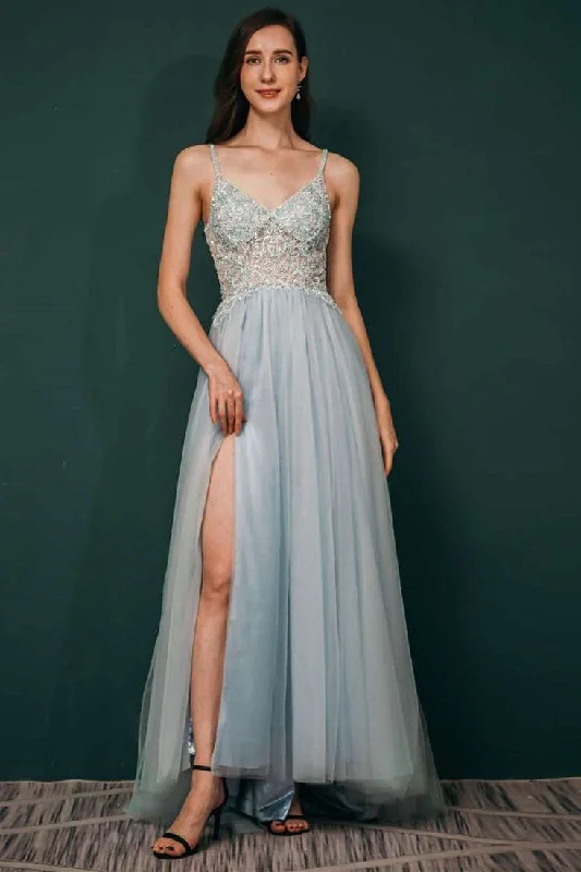 Pale Blue V-neckline Beaded Tulle Prom Gown