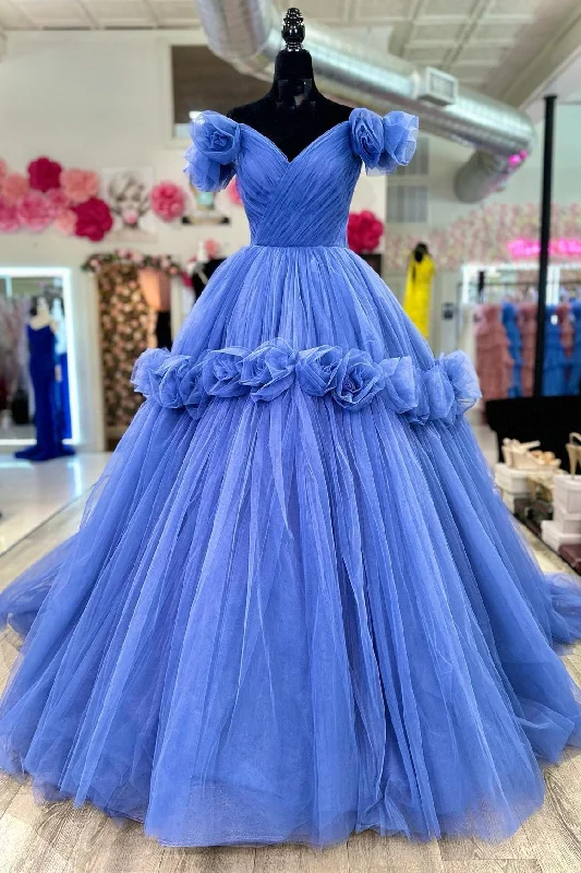 Periwinkle Tulle Off-the-Shoulder Ball Gown with Flowers