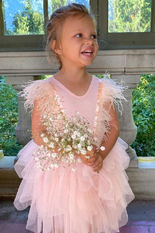 Pink Tulle Feather Sleeve Flower Girl Dress