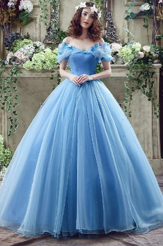 Princess Blue Off-the-shoulder Butterfly Tulle Ball Gown