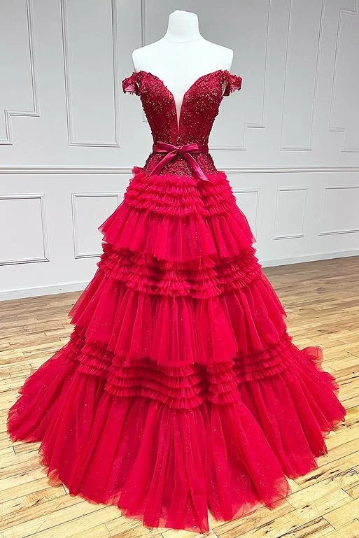 Princess Tulle Off-the-Shoulder Tiered A-Line Prom Gown