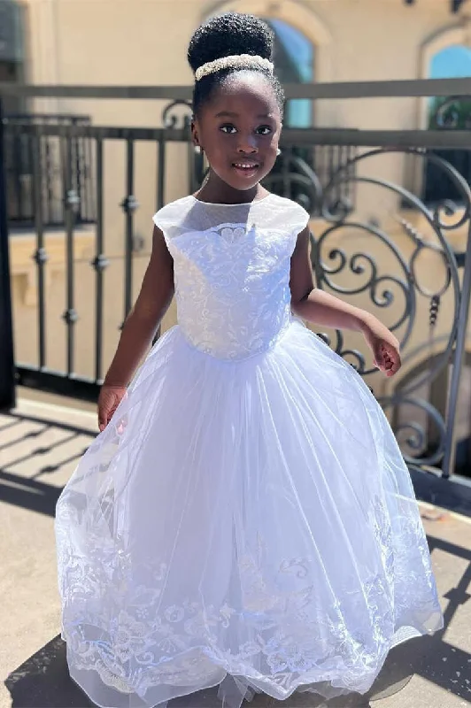 Pure White Tulle Cap Sleeve A-Line Flower Girl Dress