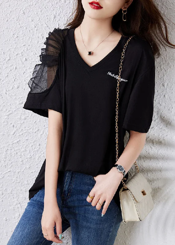 Simple Black V Neck Tulle Patchwork Cotton T Shirt Top Summer TQ1043