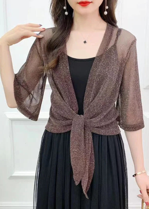 Simple Coffee Solid Bright Silk Tulle Cardigan Summer AS1020