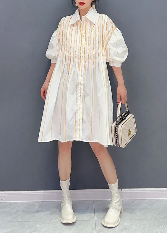 Simple White Peter Pan Collar Striped Cotton Shirts Dress Summer LC0332