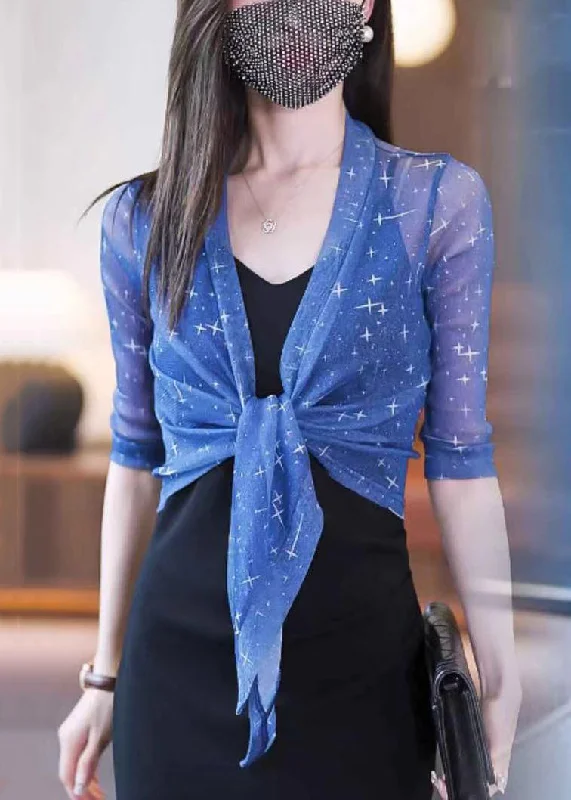 Slim Fit Blue V Neck Lace Up Tulle Cardigan Summer AS1030