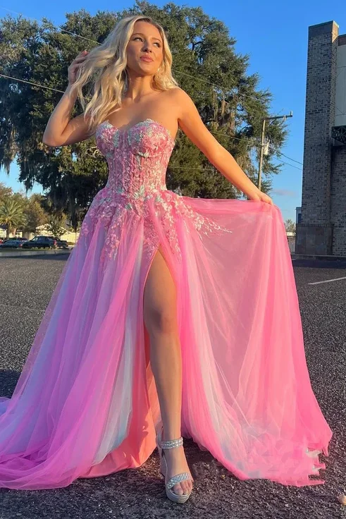 Strapless Pink A-Line Appliques Tulle Prom Formal Dress with High Slit