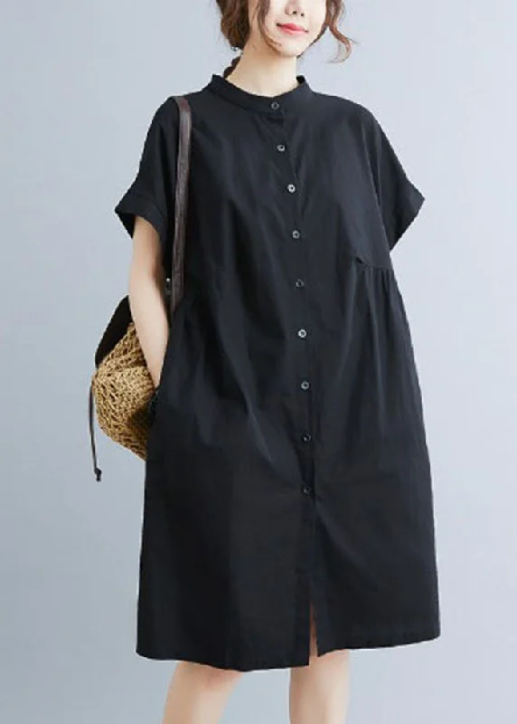 Style Black Stand Collar Wrinkled Cotton Shirt Dress Summer AC2045