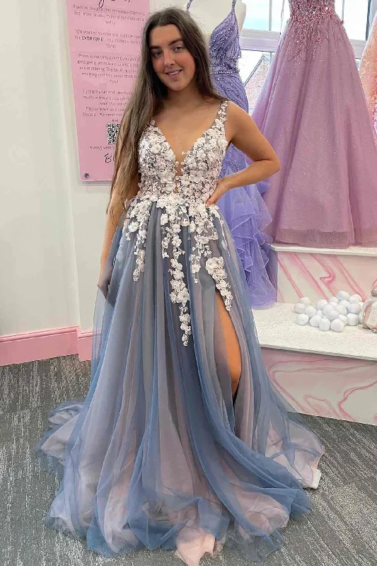 Tulle V-Neck Appliques Backless A-Line Prom Gown