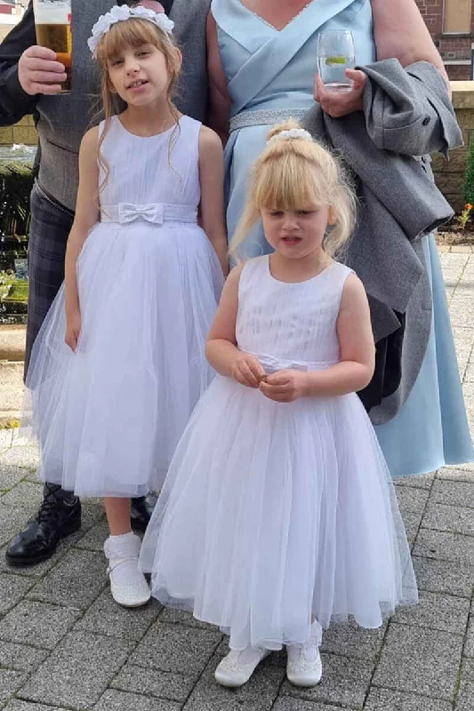 White Tulle Crew Neck A-Line Flower Girl Dress