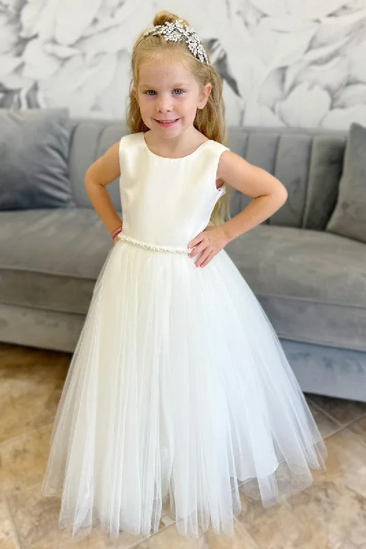 White Tulle Round Neck Bow-Back Flower Girl Dress