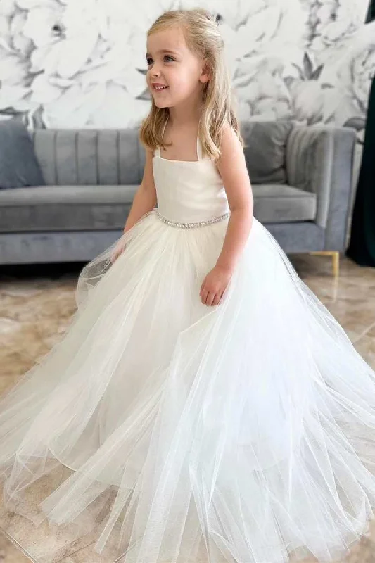 White Tulle Straps A-Line Flower Girl Dress