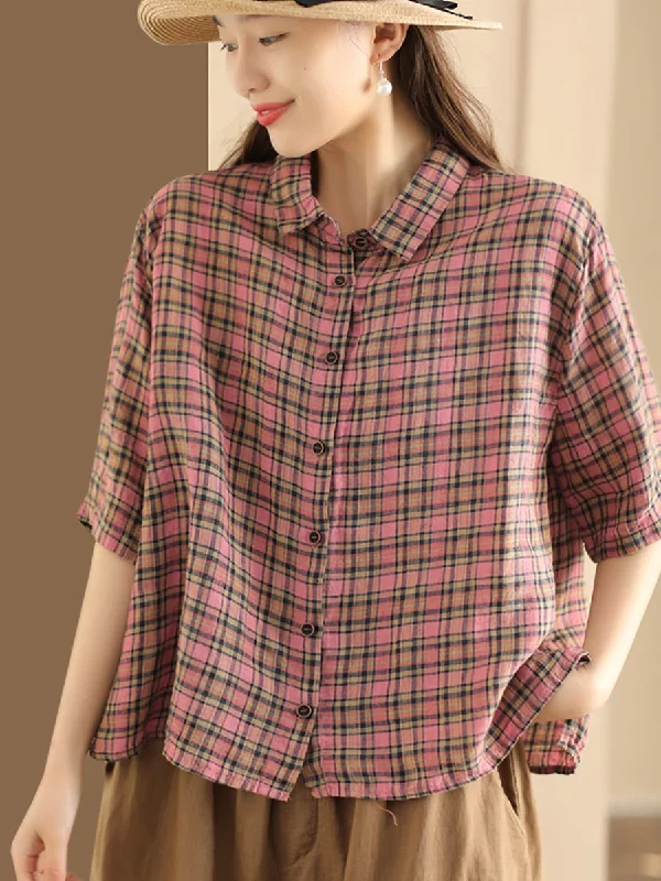 Women Artsy Plaid Summer Button-up Linen Shirt KL1012