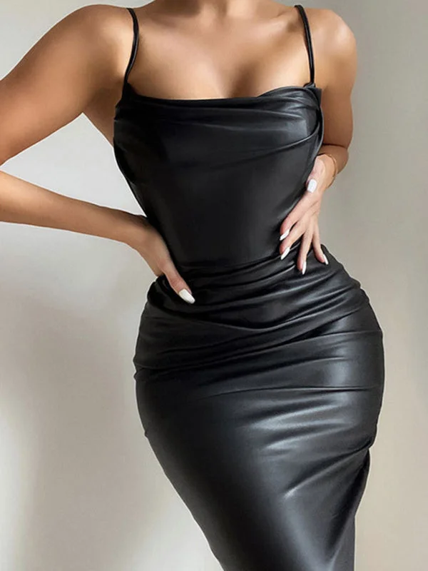 Faux Leather Pleated Neckline Bodycon