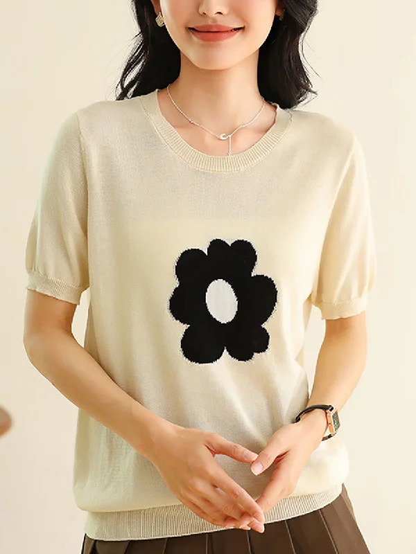 Women Summer Casual Flower Knitted Shirt KL1038