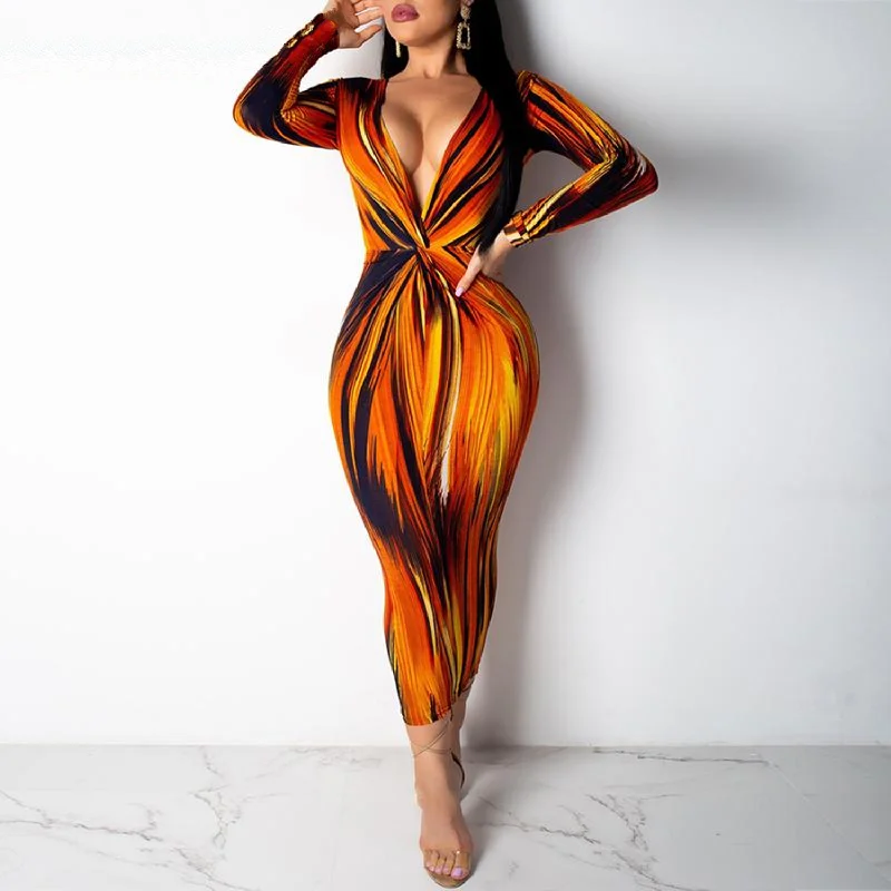 Women's Autumn Deep V-Neck Printed Long Sleeve Bodycon Dress