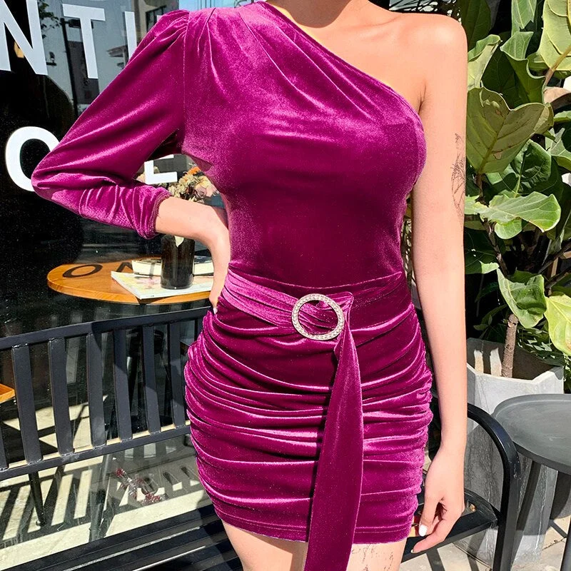 Women's One Shoulder Bodycon Velvet Ruched Dress With Belt